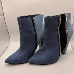 JustFab Remi-WW Blue‎ Colorblock Faux Suede Pointed Toe Block Heel Ankle Boots 7